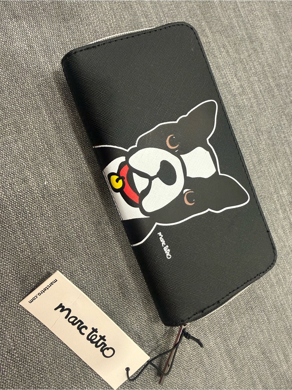 Marc Tetro Black Graphic Boston Terrier Zip Wallet with label and box